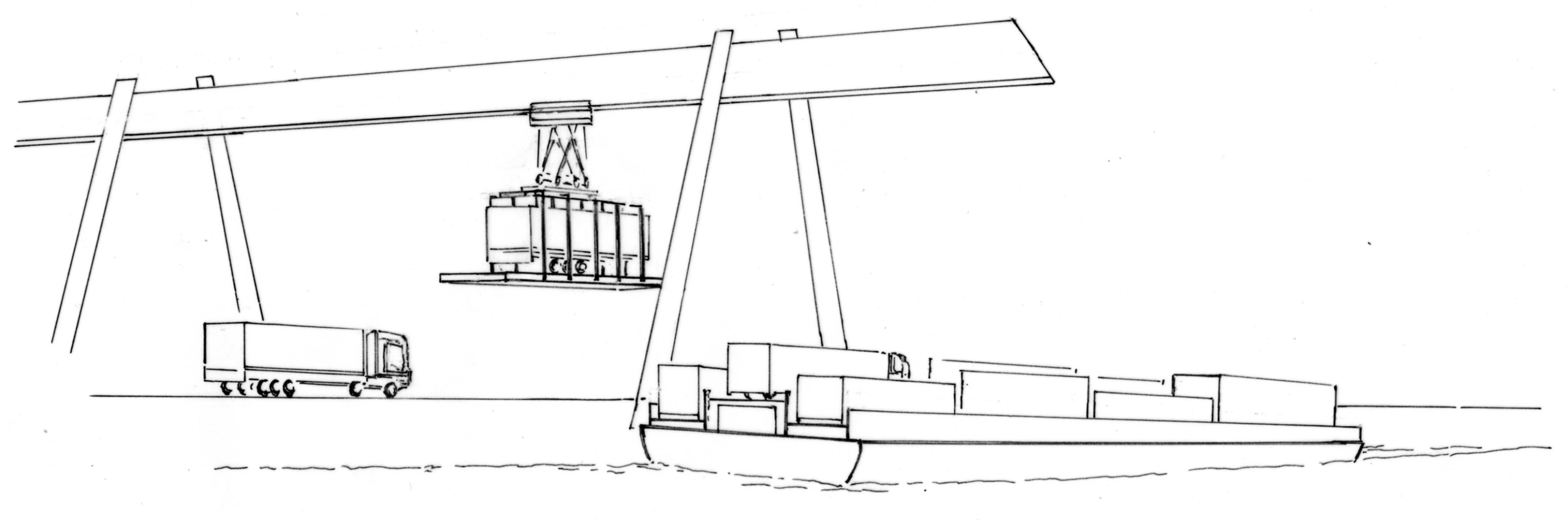 Kran der Container und LKWs auf ein Schiff transportiert