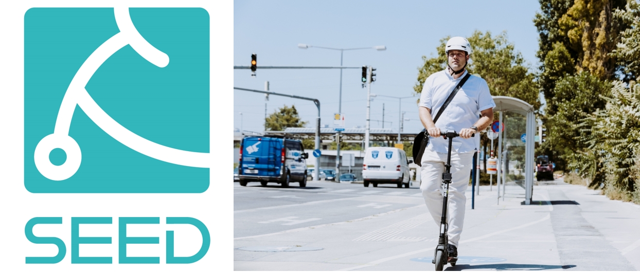 SEED Logo und Mann mit Scooter