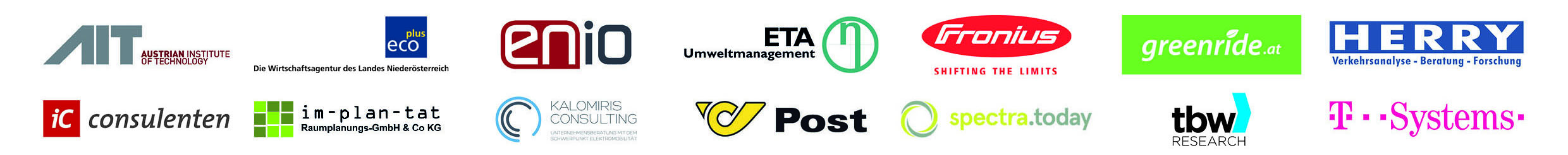 Logos: AIT, eco plus die Wirtschaftsagentur des Land Niederösterreich, enio, ETA Umweltmanagement, Fronius shifting the limits, greenride.at, Herry- Verkehrsanalyse- Beratung-Forschung, ic consulenten, im-plan-tat Raumplanungs GmbH& Co KG, Kalomiris Consulting, Post, spectra.at, tbw research, T Systems