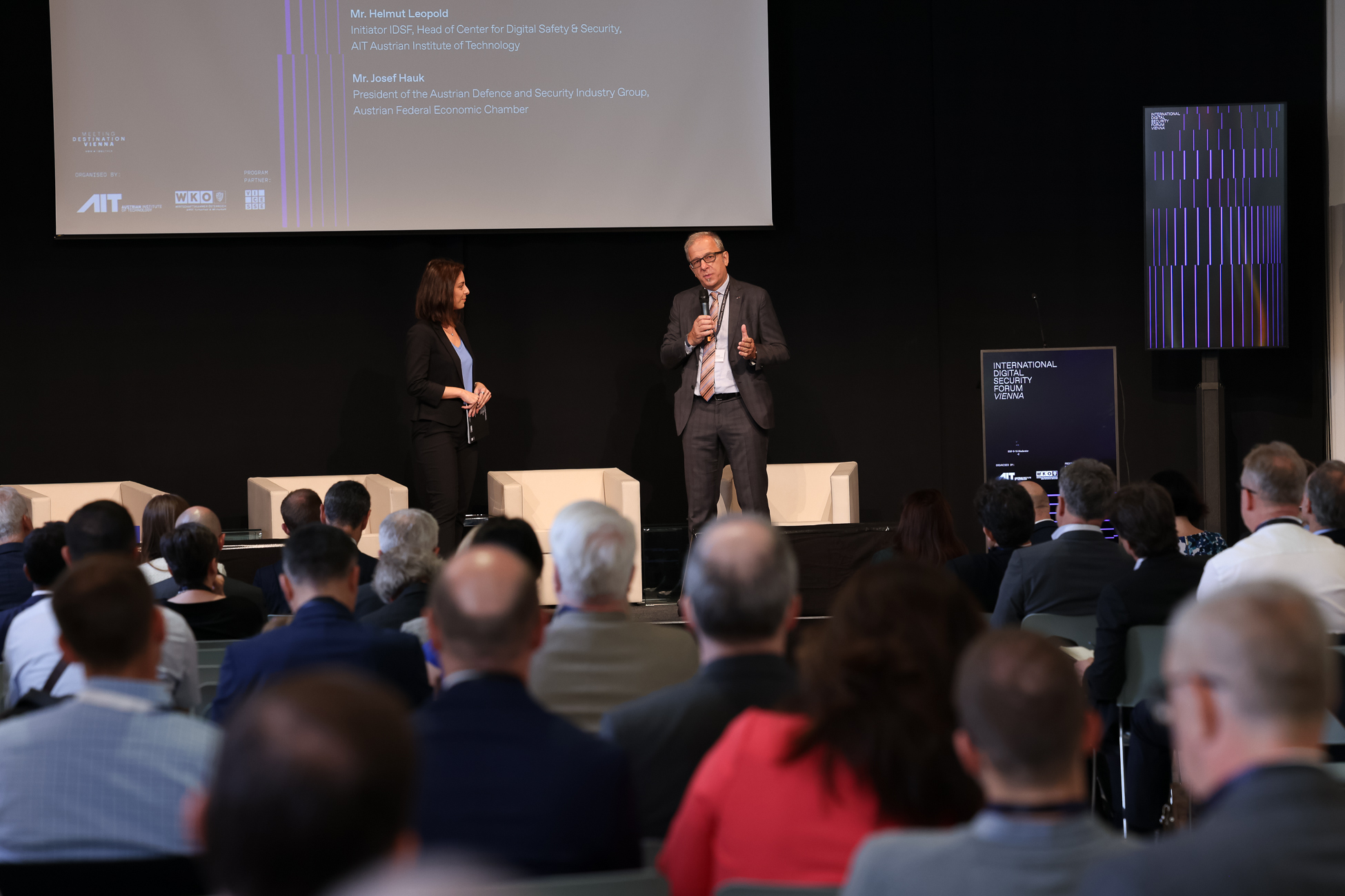 Opening of the #IDSF22, in the picture moderator Cornelia Ertl with Helmut Leopold, initiator IDSF  (Image Credit: Katharina Schiffer)