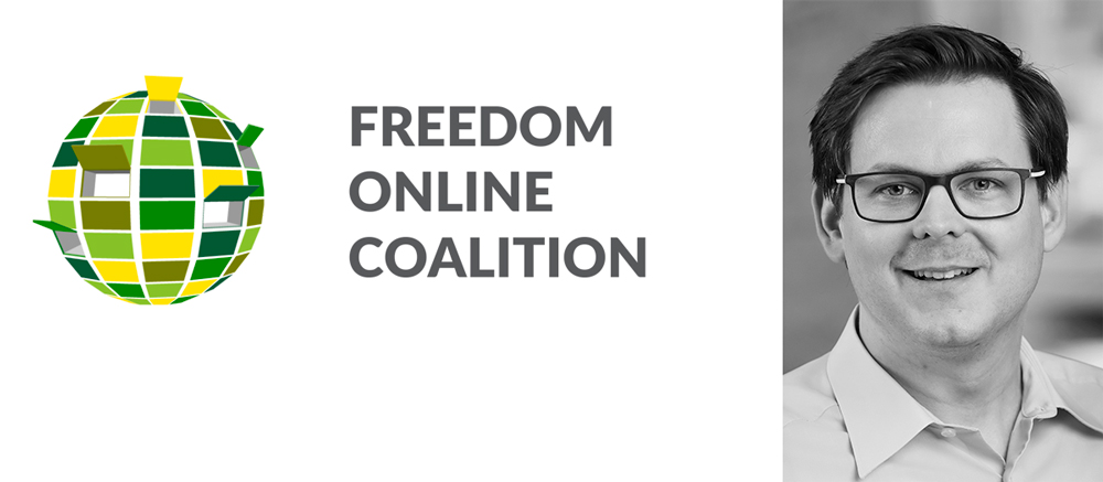 Logo der Freedom Online Coalition und Porträt des AIT-Experten Martin Boyer