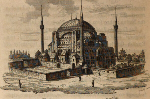 Nordwestansicht der Hagia Sophia in Istanbul aus einem englischen Reisebericht des 19. Jahrhunderts. Quelle: Edward Daniel Clarke, Travels In Various Countries Of Europe Asia And Africa: Part The Second : Greece Egypt And The Holy Land  [...], London: Printed For T. Cadell And W. Davies Strand By R. Watts 1816, S. 480, http://data.onb.ac.at/ABO/%2BZ137224902,  © ÖNB.