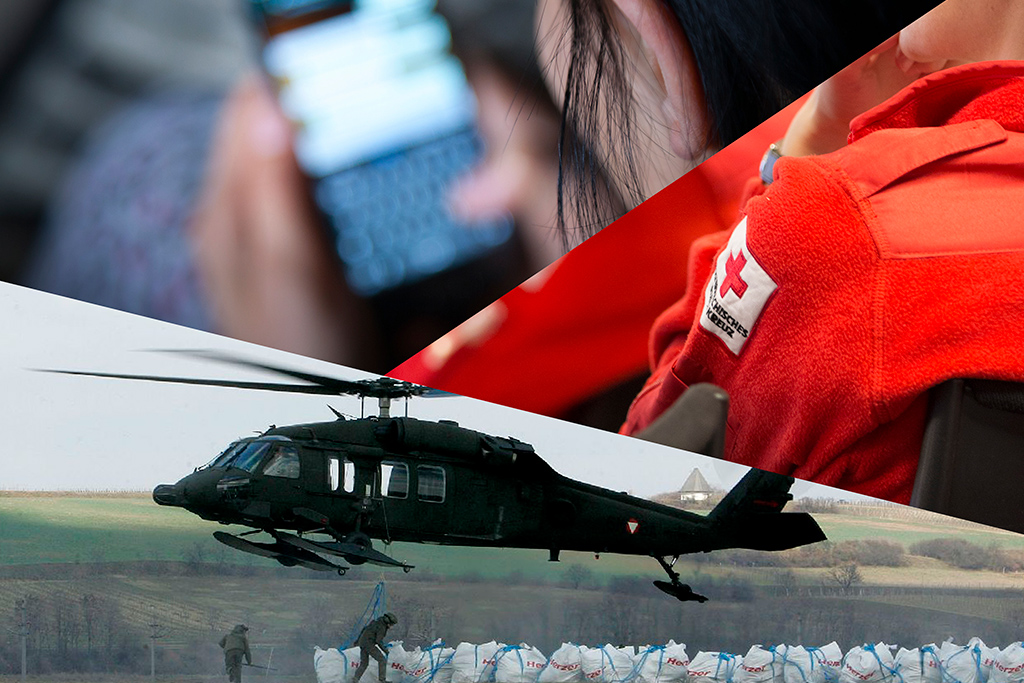 3 pictures: smartphone, first aid jacket, helicopter