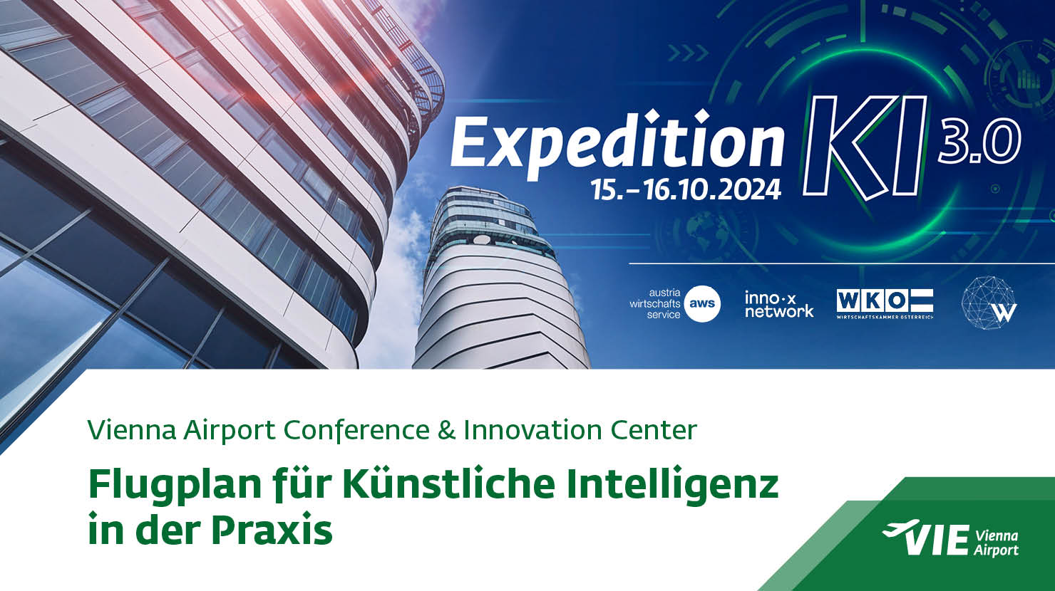 Ein Bild des Konferenz- und Innovationszentrums des Flughafens Wien und das Logo der Veranstaltung. Credit: Expedition KI