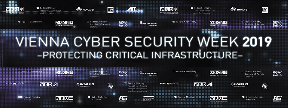 Banner der Vienna Cyber Security Week mit Logos der teilnehmenden Unternehmen