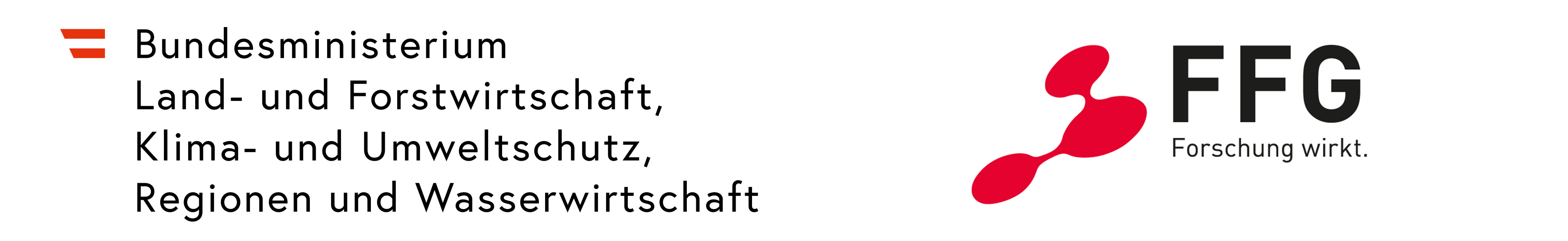 Logos des österreichischen Bundesministeriums für Land- und Forstwirtschaft, Klima- und Umweltschutz, Regionen und Wasserwirtschaft das Logo der FFG