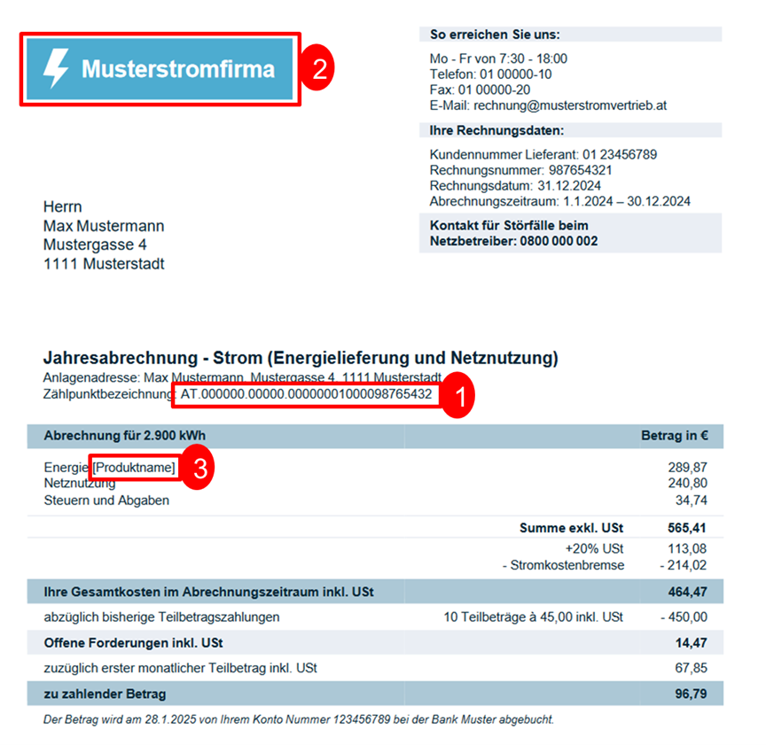 Die Musterabrechung zeigt wo auf der Abrechung der Stromtarif abzulesen ist