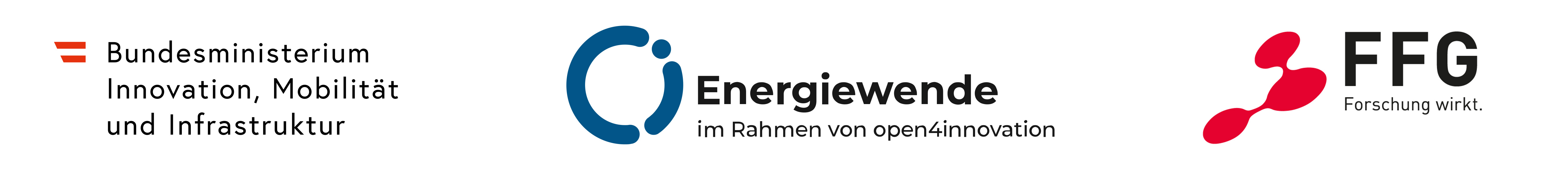 Logo des österreichischen Bundesministeriums für Innovation, Mobilität und Infrastruktur, der Energiewende im Rahmen von open4innocation sowie der FFG - Österreichische Forschungsförderungsgesellschaft