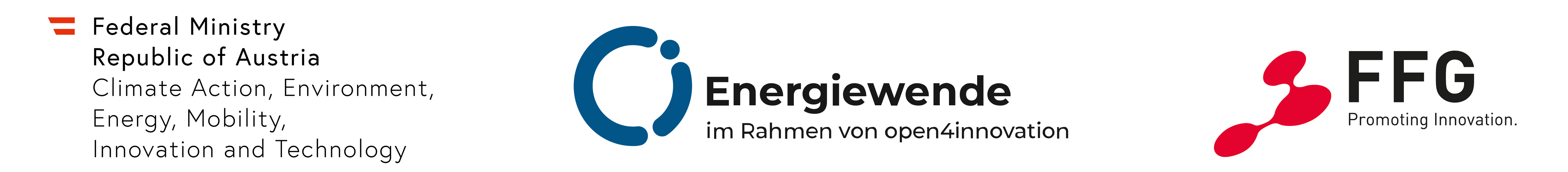 Logo of the Austrian Federal Ministry for Innovation, Mobility and Infrastructure, the energy transition as Part of open4innovation and the FFG - Austrian Research Promotion Agency