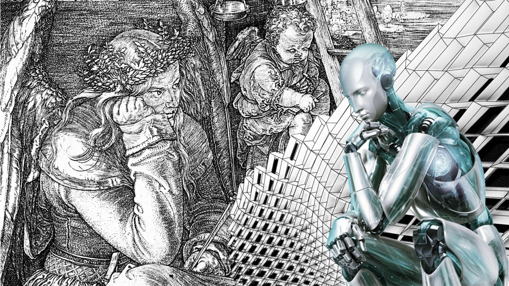 [Translate to English:] retouched photo of a person in an old drawing facing an AI robot