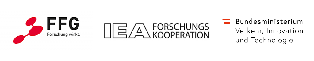 Logo der FFG (Forschung wirkt), IEA Forschungskooperation und des Bundesministerium für Verkehr, Innovation und Technologie