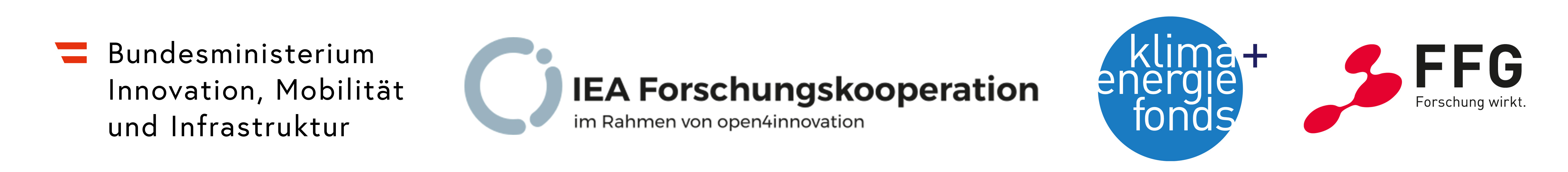 Logo des österreichischen Bundesministeriums für Innovation, Mobilität und Infrastruktur, der IEA Forschungskooperation im Rahmen von open4innocation, dem Klima- und Energiefonds sowie der FFG - Österreichische Forschungsförderungsgesellschaft
