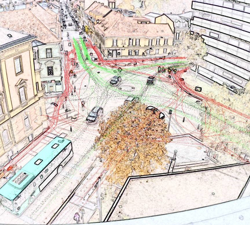 Reprojected real trajectories of road users at the Sonnenfelsplatz in Graz