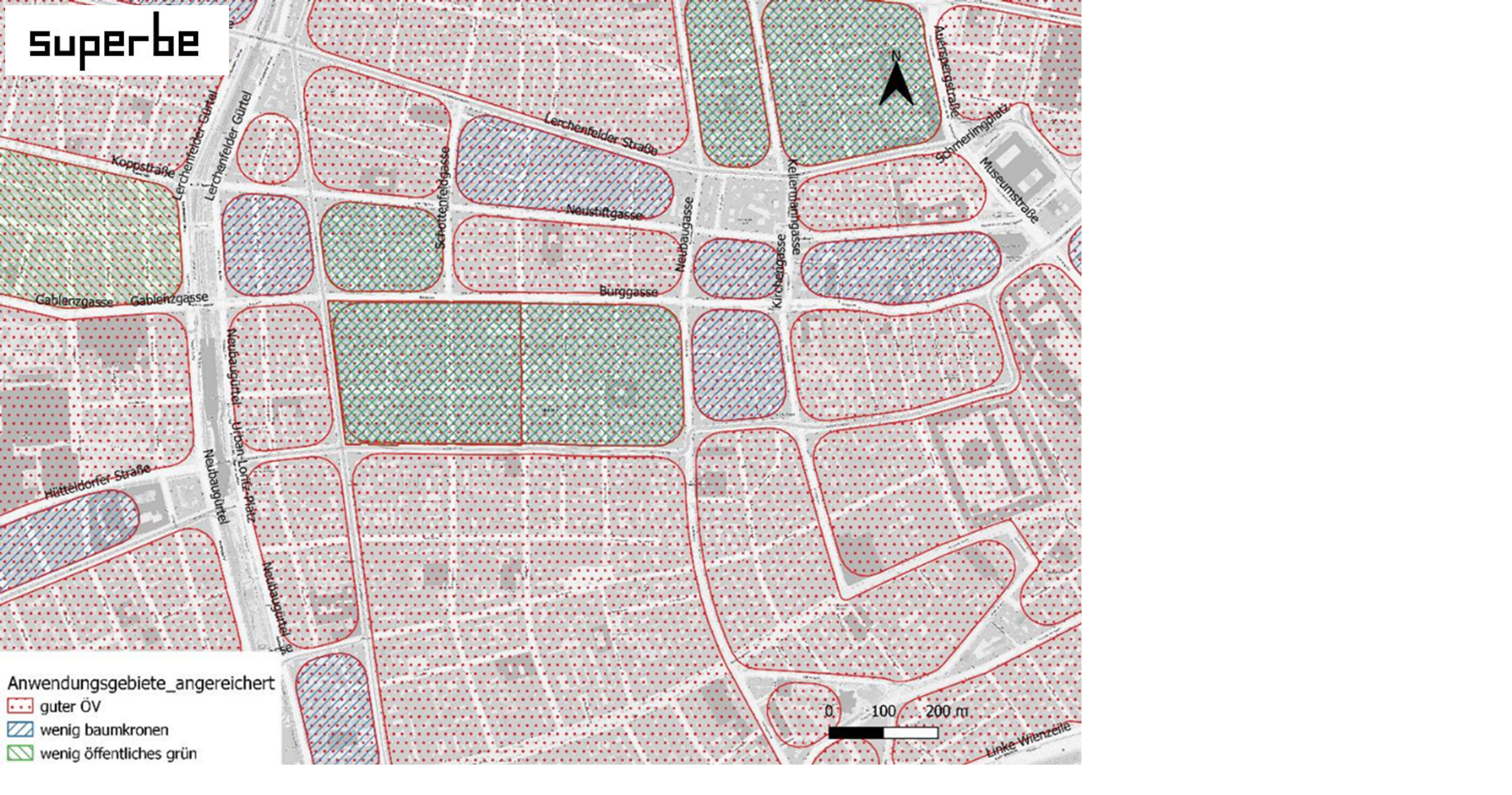 SUPERBE application areas: Map with marked blocks in Vienna