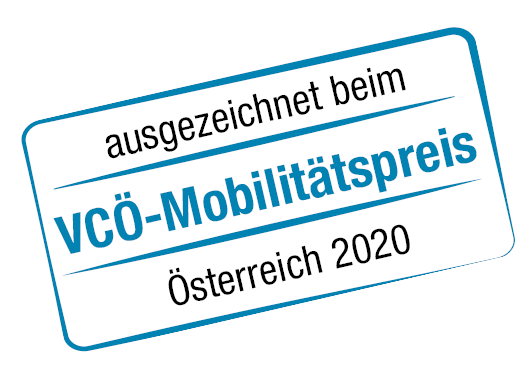 [Translate to English:] Stamp "Awarded at the VCÖ Mobility Award Austria 2020" (in German)