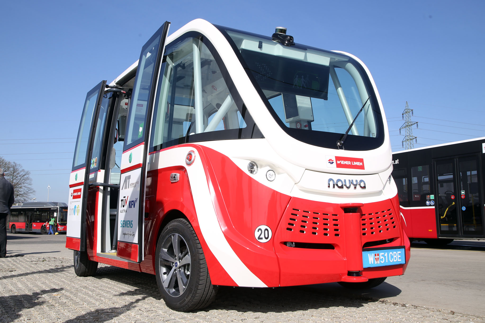 auto.Bus opened and standing in a bus station