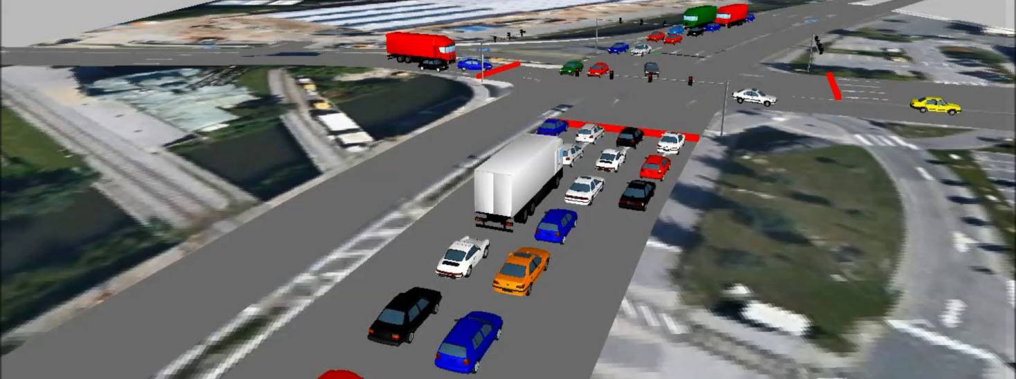 animierte Verkehrssituation auf einer Kreuzung mit vielen Autos