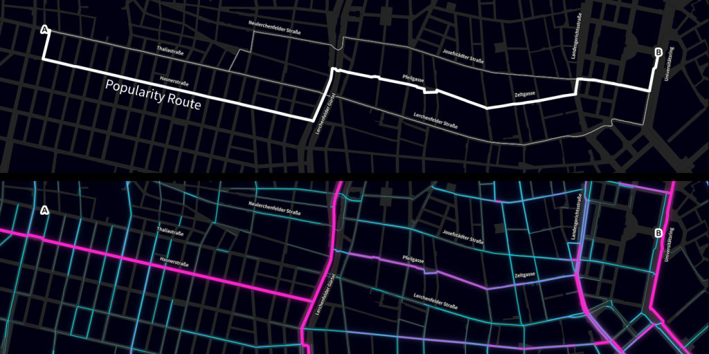zwei schwarze Landkarten. Auf der einen ist eine weiße Route verzeichnet, auf der anderen eine pinke, zusätzlich sind manche Straßen mit blauen Kennzeichnungen versehen.