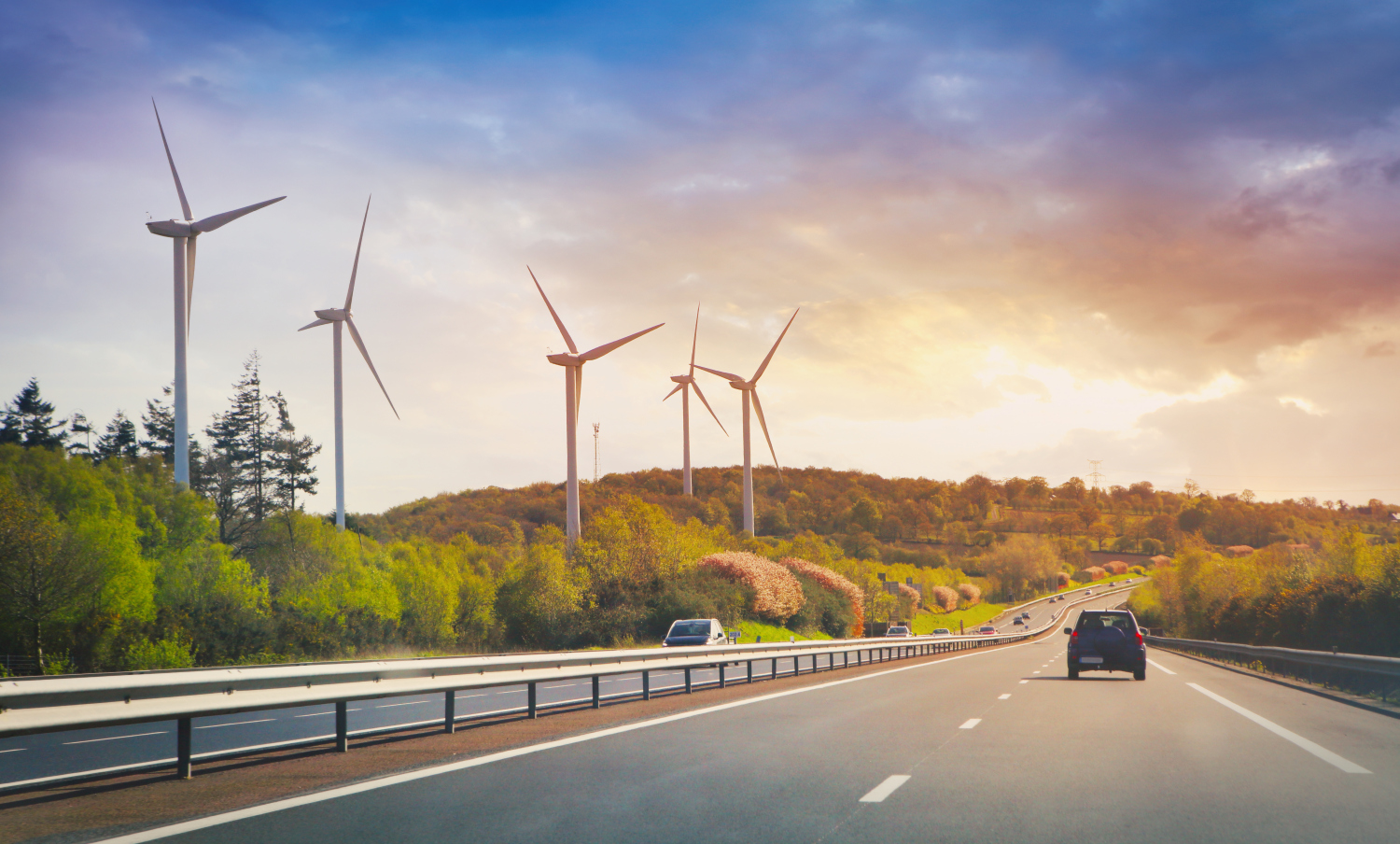 Road and wind turbines