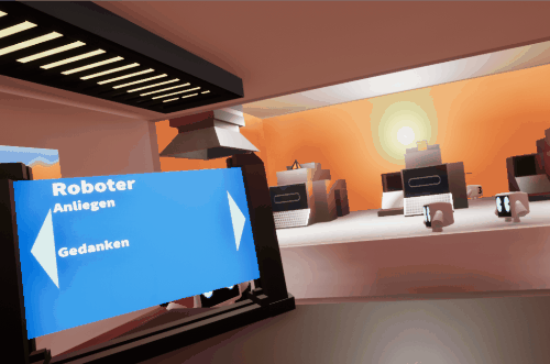 VR Spiel, wo ein Roboter sichtbar wird und einem zuwinkt