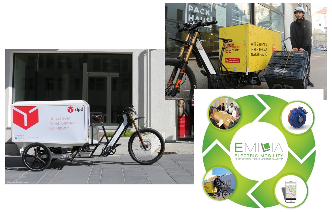 Zwei EMILIA-Cargobikes sowie das EMILIA-Logo