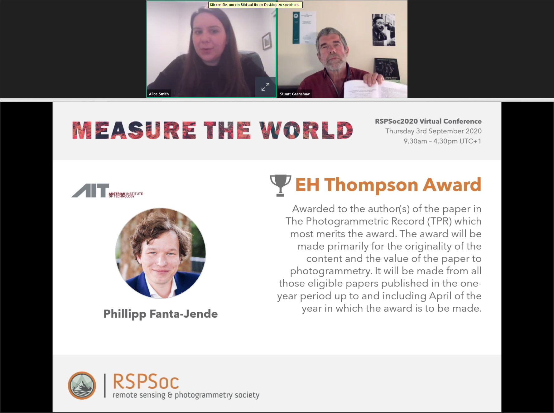Phillipp Fanta-Jende erhält den E H Thompson Award der britischen Gesellschaft für Fernerkundung und Photogrammetrie - Poster des Konferenzbeitrags