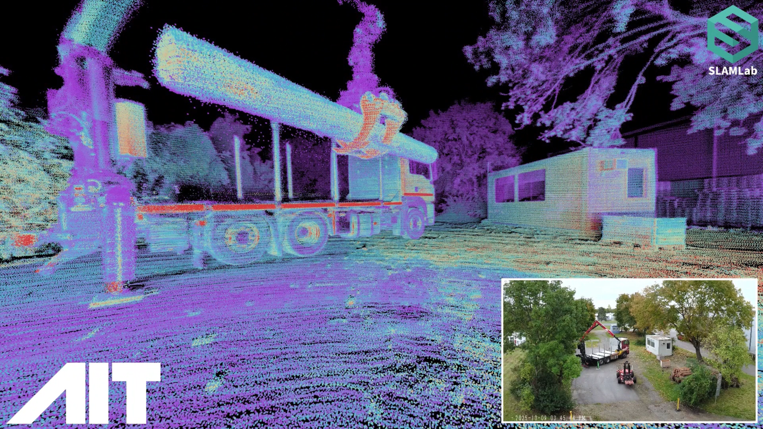 Point cloud in shades of purple showing the AIT test site for autonomous machinery