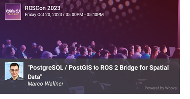 Ankündigungsplakat zum Vortrag von Marco Wallner auf der ROSCon Konferenz 2023, mit Foto