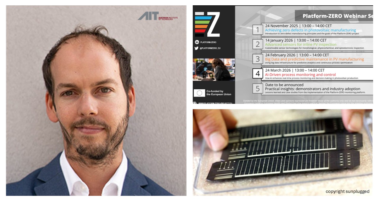 Collage aus Portraitfoto Laurin Ginner, Ankündigungsposter und ultradünne Solarzelle der Fa sunplugged