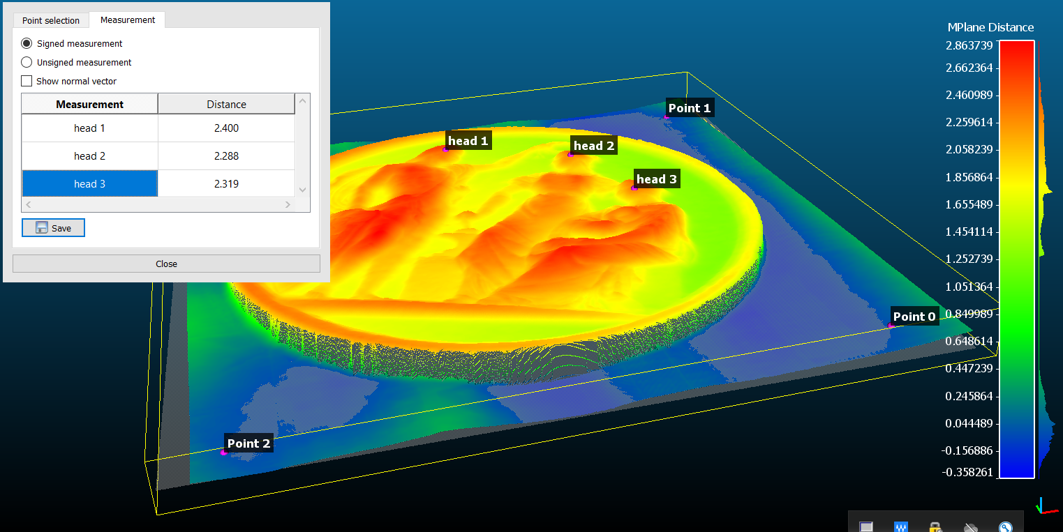 Inline Computational Imaging : 3D Punktwolke eines 10 Euro Geldscheines mit einer Münze darauf Höhenangabe zu markierten Punkten.