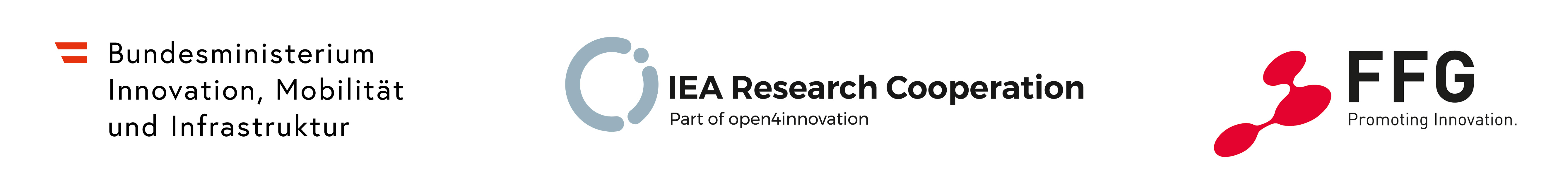 Logo of the Austrian Federal Ministry for Innovation, Mobility and Infrastructure, the IEA Research Cooperation as Part of open4innovation and the FFG - Austrian Research Promotion Agency